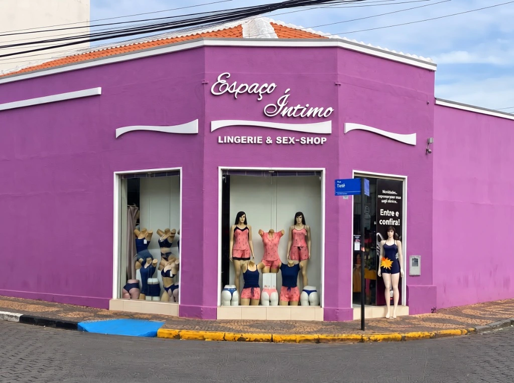 Fachada roxa da loja Espaço Íntimo na Rua Pernambuco, Centro de Votuporanga